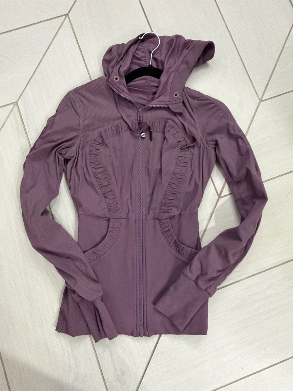 Lululemon Women’s Purple Hooded Zip Jacket with Ruffle Detail